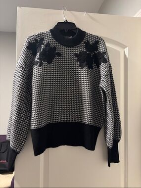 Brooks Brothers Black and White Houndstooth Floral Crewneck Sweater
